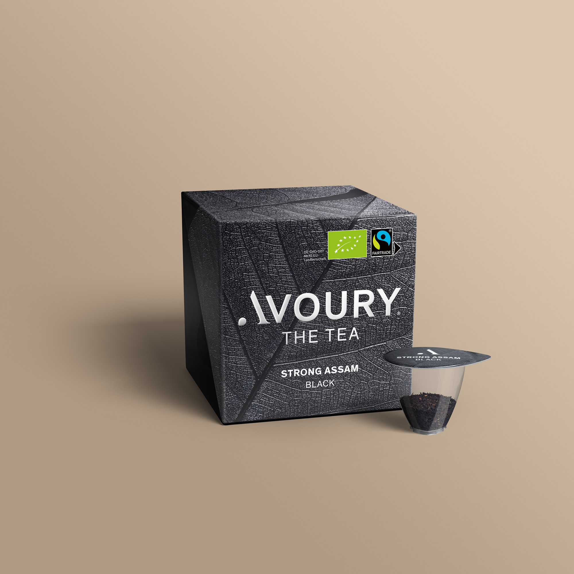 Avoury Strong Assam Teeverpackung mit Kapsel in 3D-Ansicht